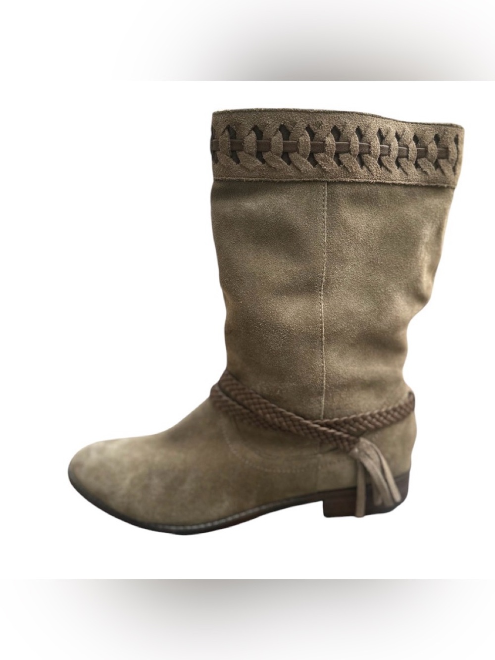 Very Volatile Braided Taupe Suede Mid-Calf Heeled Boot